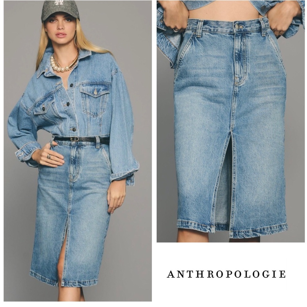 Anthropologie Pilcro Front Slit Denim Skirt Denim Light Size 4